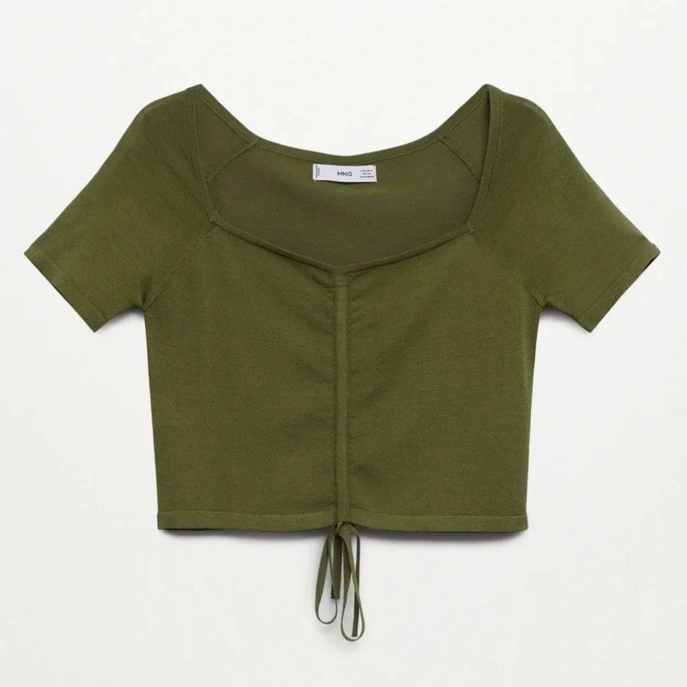 Mango Olive Green Ruched Tie Front Crop Top Square Neck Size M NWT